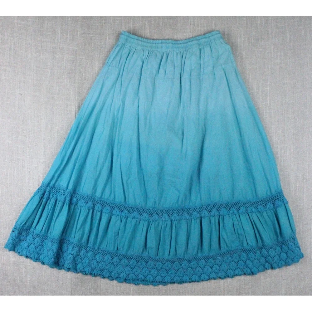 Bobbie Brooks Turquoise Blue Cotton Gauze Crochet Lace Trim Maxi Peasant Skirt M
